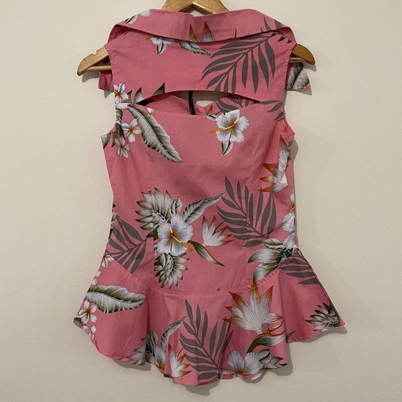 Hell Bunny Vixen Size Small Hawaiian Print Pink Pin Up Peplum Top Blouse New - Picture 4 of 13